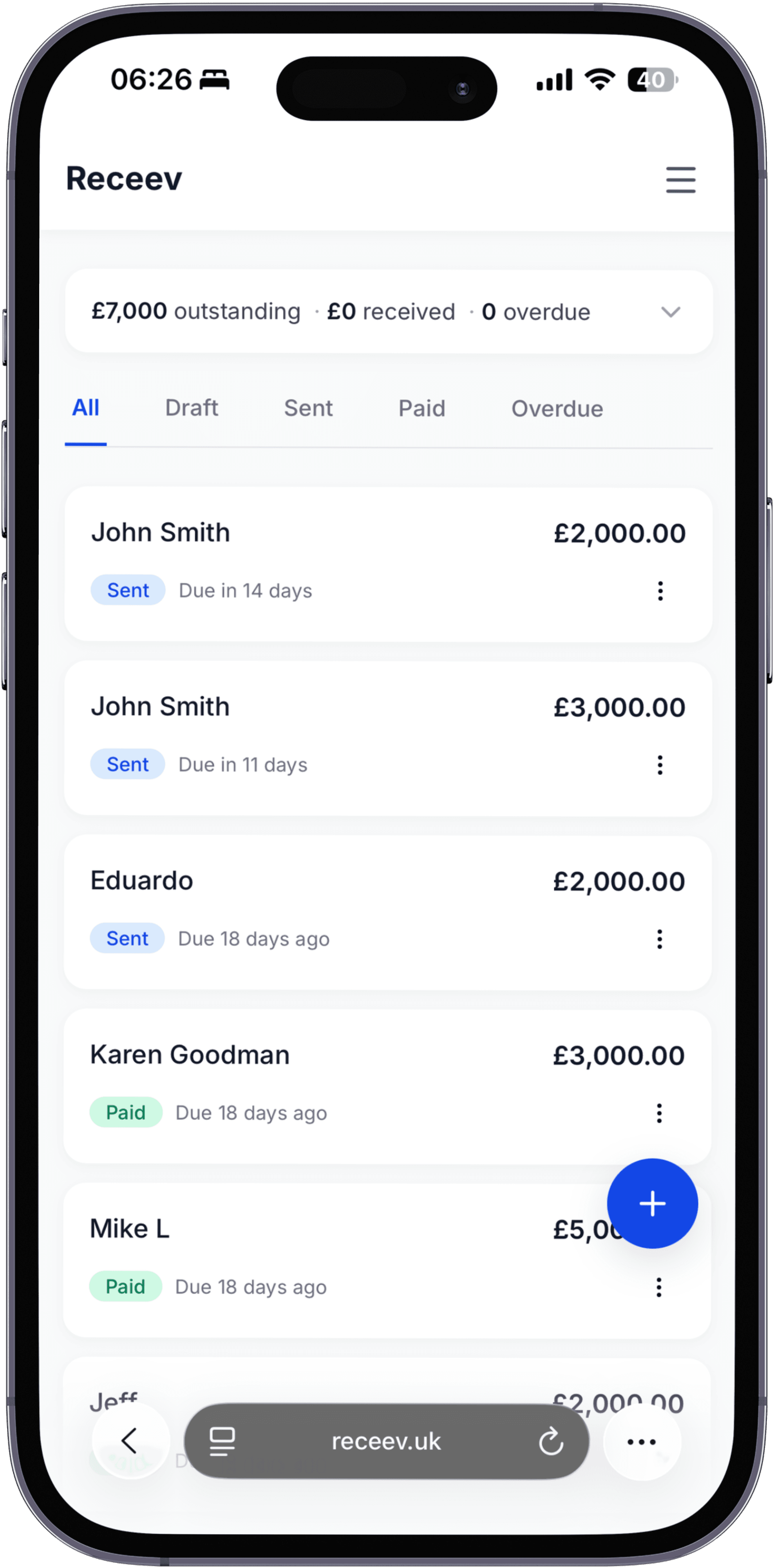 Receev mobile dashboard showing invoice tracking