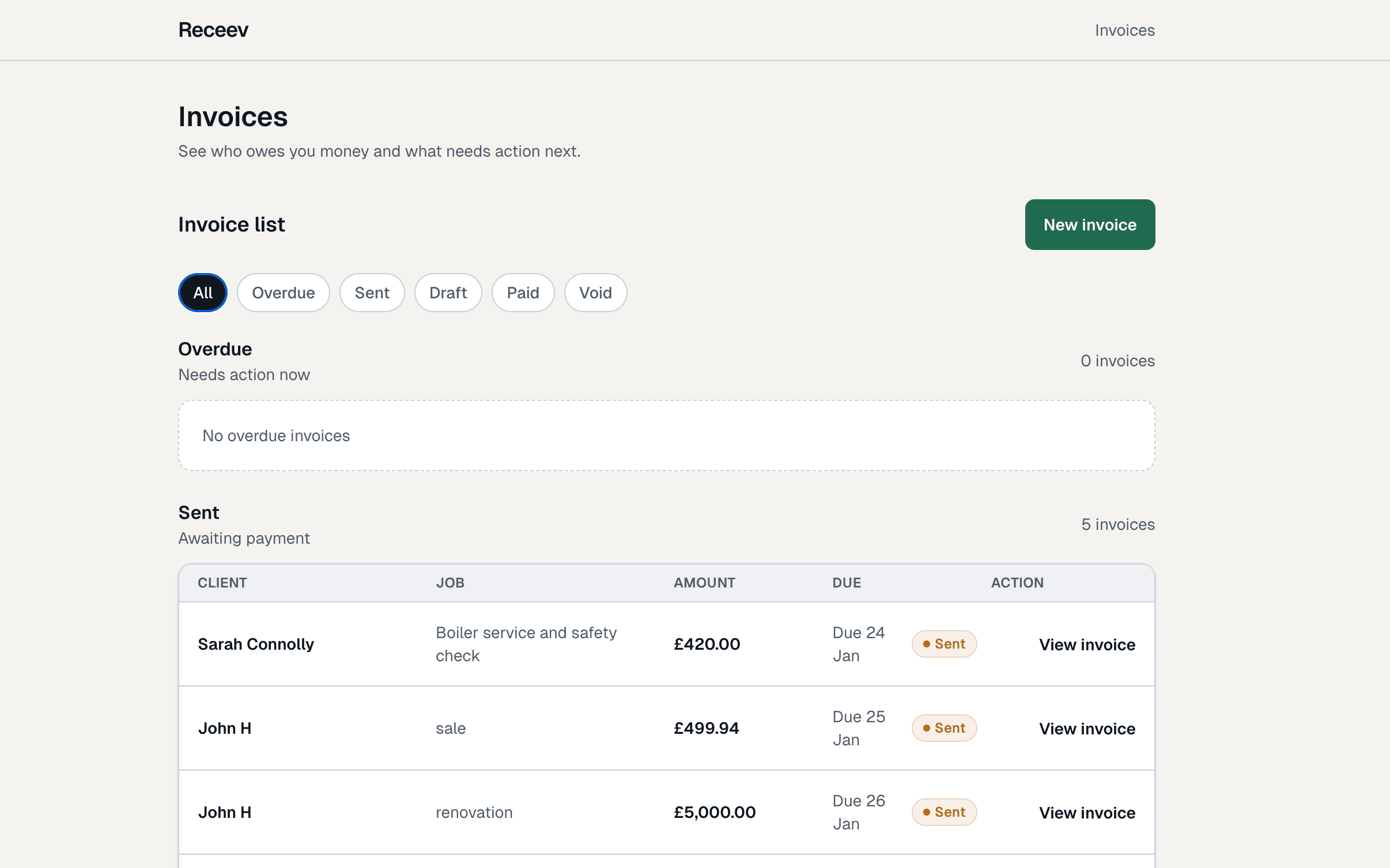 Receev dashboard showing invoice tracking