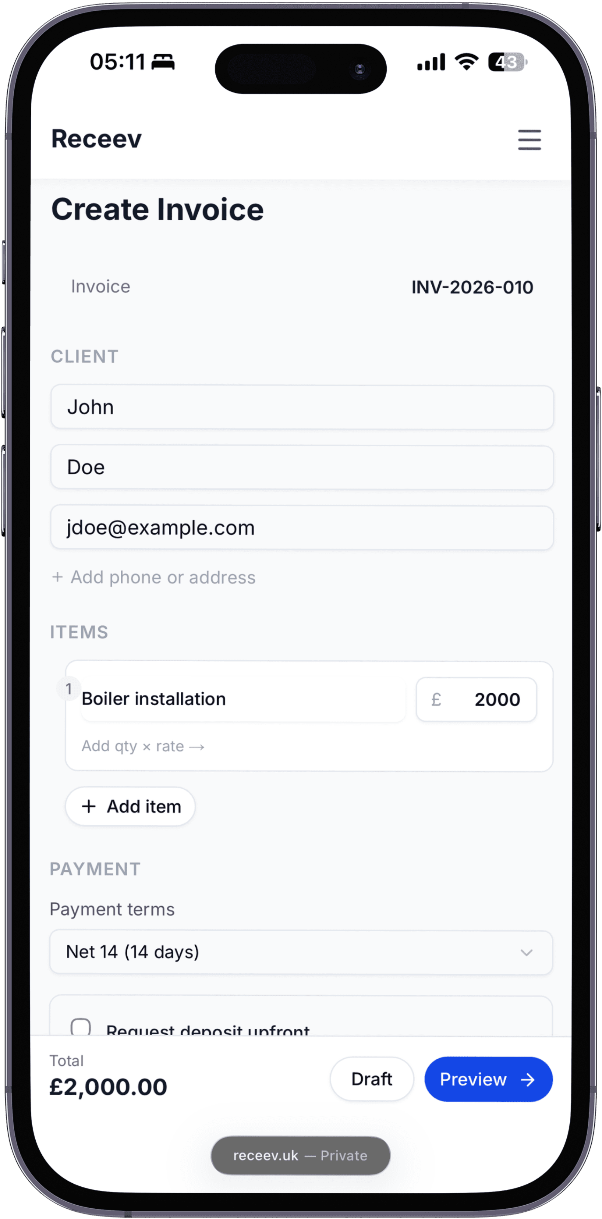 Invoice creation interface on mobile